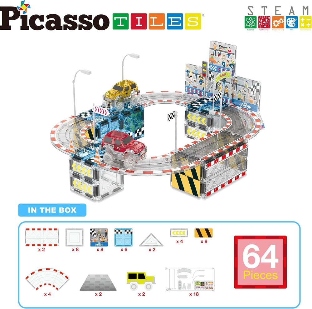 PicassoTiles stadium setup illustrates a vivid racing play zone.