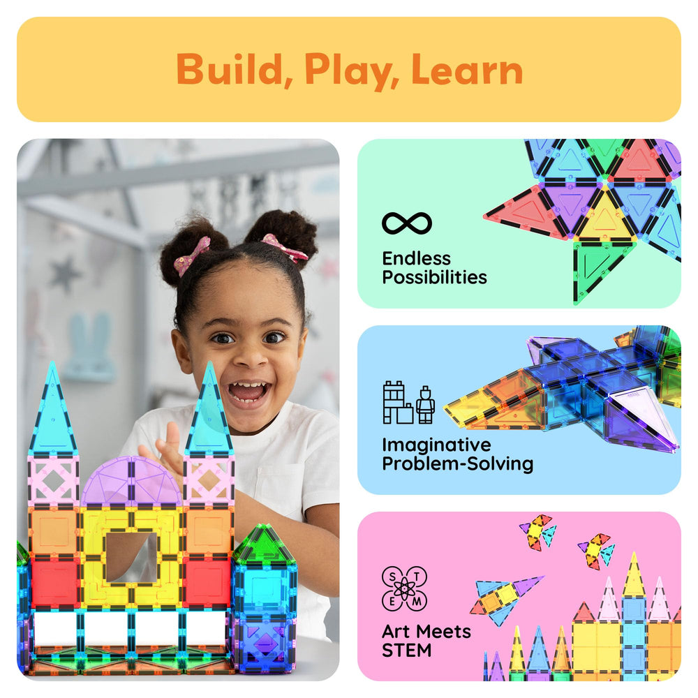 PicassoTiles strong magnets connect across top, bottom, and sides for stable structures.