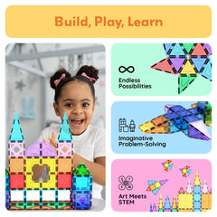 PicassoTiles strong magnets connect across top, bottom, and sides for stable structures.