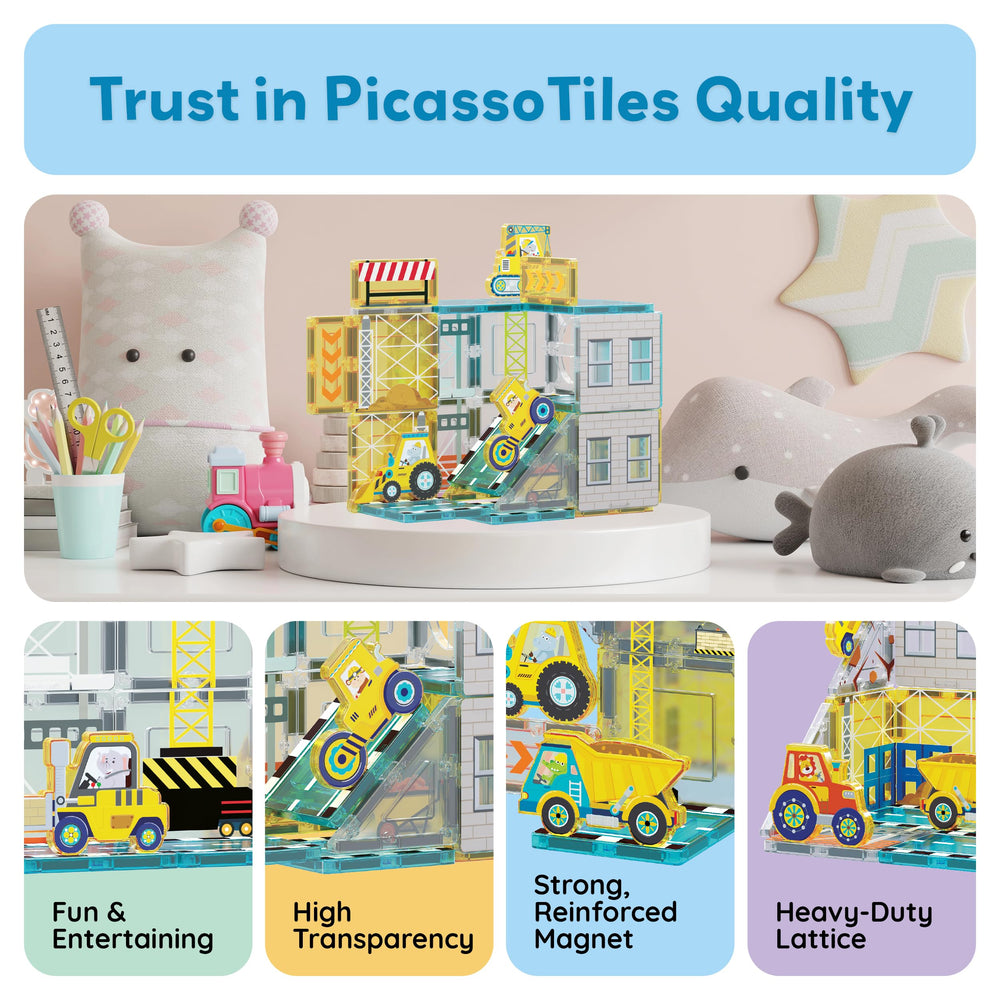 PicassoTiles tractor magnet tiles for imaginative landscapes and planning.