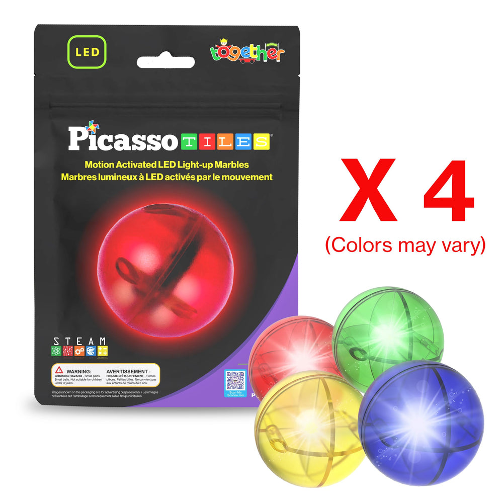 PicassoTiles translucent marbles and tiles create colorful, luminous tracks for visual learning.
