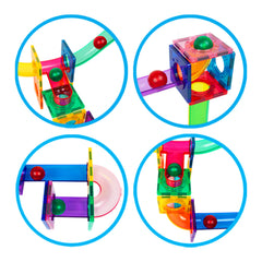 PicassoTiles magnetic tiles pair with marbles for modular construction.