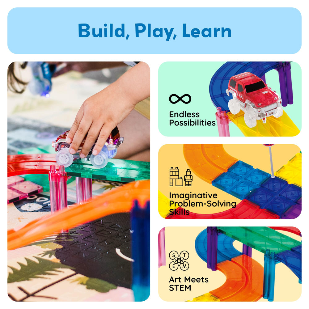 PicassoTiles two racing trucks enable fast setups and dynamic obstacle-free racing.