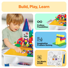 Under-table storage bin with PicassoTiles pieces organized for tidy play.