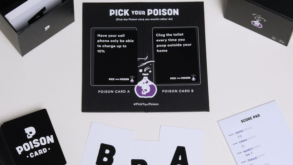 Pick Your Poison table play scene, friends debating tricky choices.