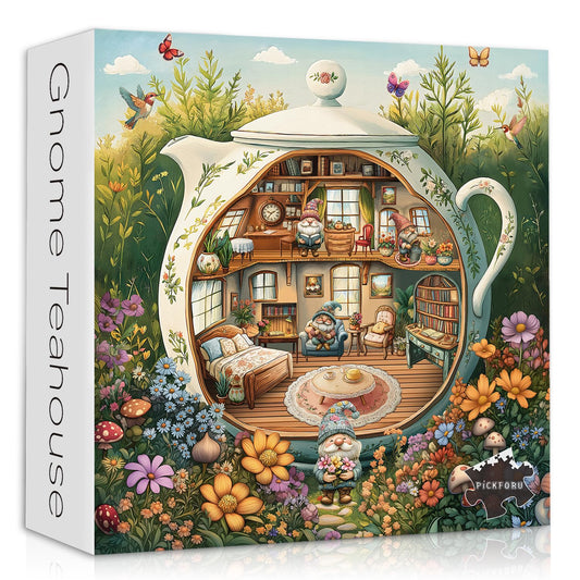 PICKFORU Funny Gnome Puzzles teahouse scene 1000 pieces for a challenging evening.