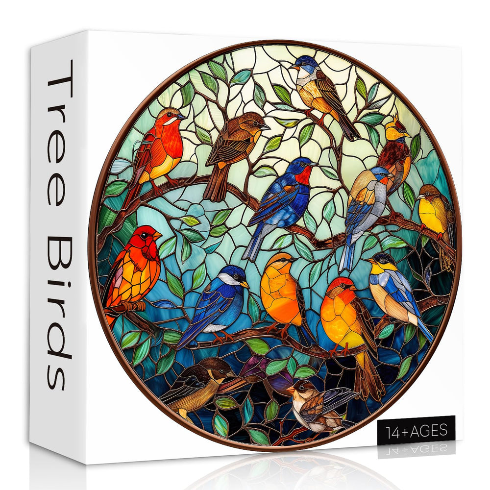 PICKFORU stained glass bird tree round puzzle in progress, vibrant colors for mindful evenings.
