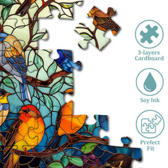 PICKFORU bird tree round puzzle with glass-like hues, ideal for wall display later.