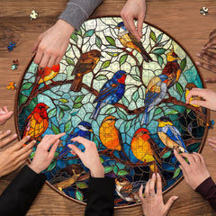 PICKFORU vivid birds perched on a tree in glass-like hues.