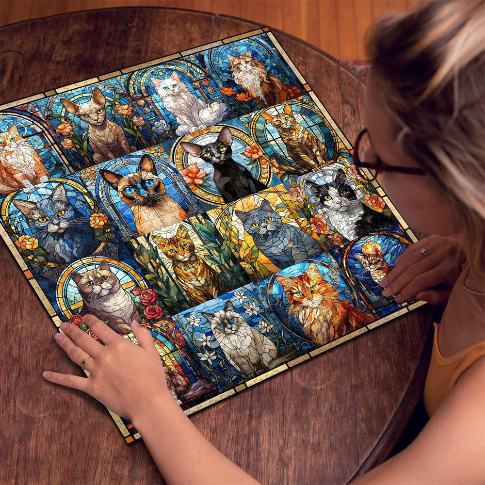 PICKFORU stained glass cat puzzle missing parts support helps complete.