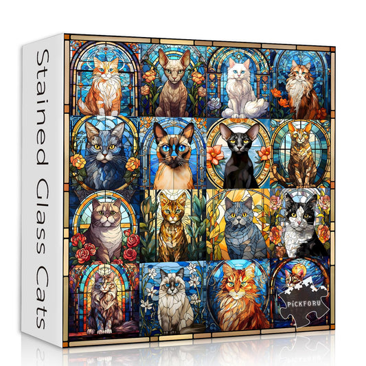 PICKFORU stained glass cat puzzle packaging box showcases gift-ready presentation.