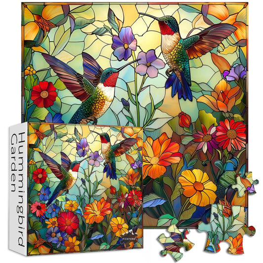 PICKFORU stained glass puzzle with flowers and hummingbird for vibrant home decor.
