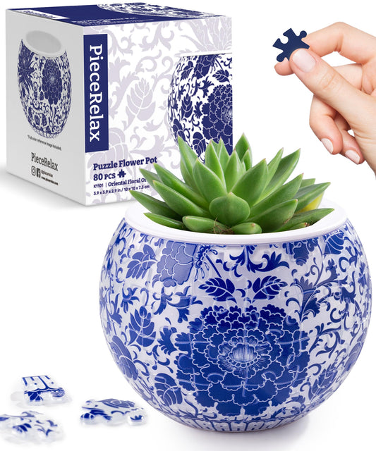 PieceRelax 3D puzzle planter closeup, oriental floral pattern and easy interlock assembly.