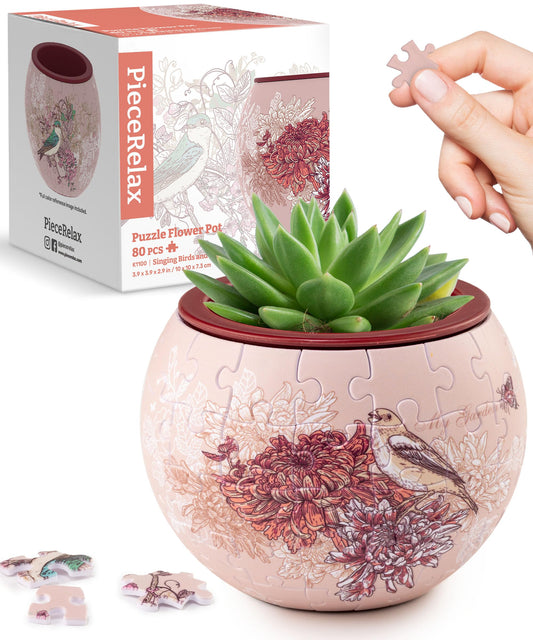 PieceRelax 3D puzzle planter front view with singing birds for indoor decor