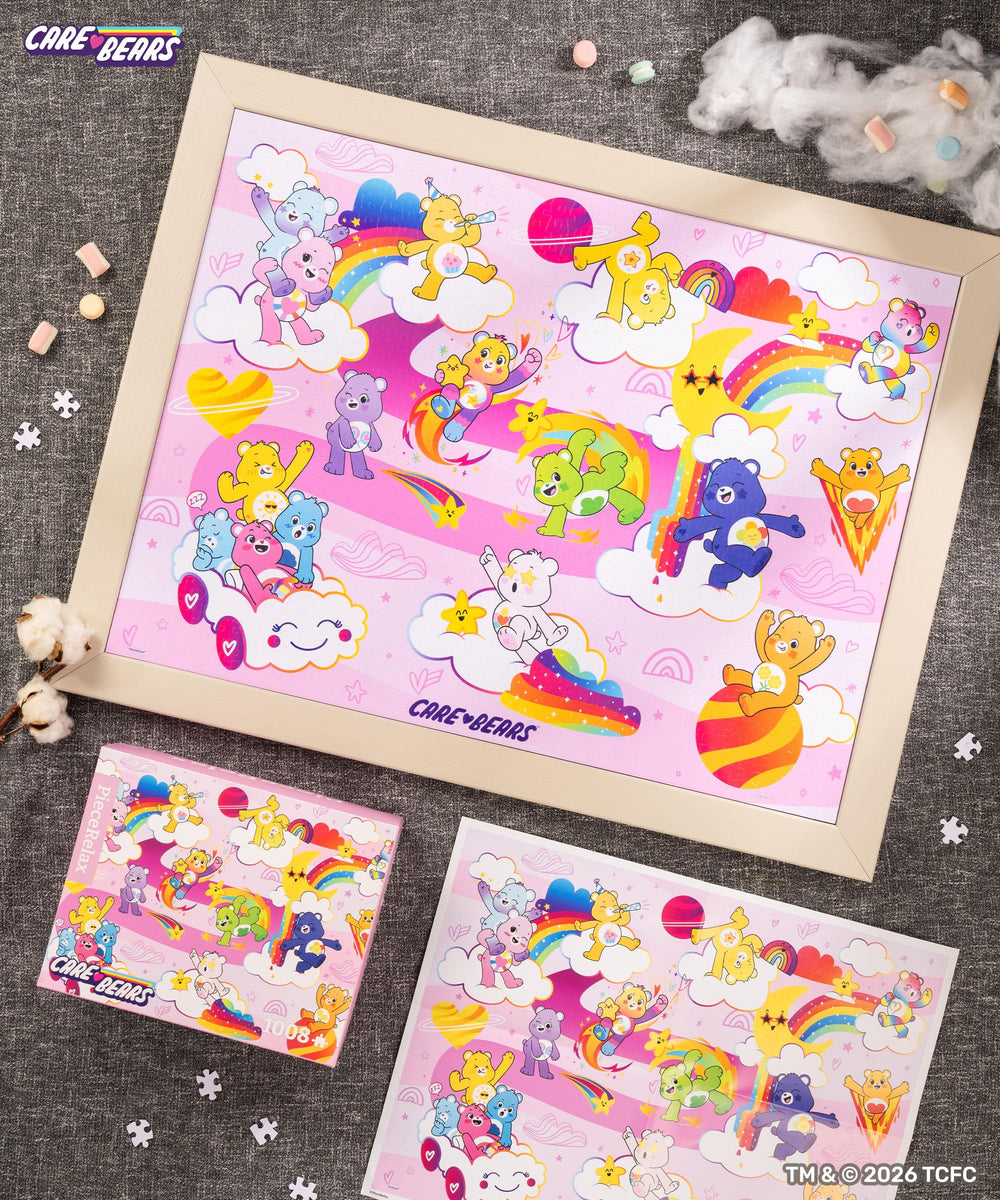 PieceRelax Care Bears pink galaxy puzzle assembly desk for collaborative puzzle time.