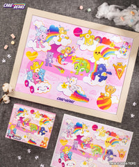 PieceRelax Care Bears pink galaxy puzzle assembly desk for collaborative puzzle time.