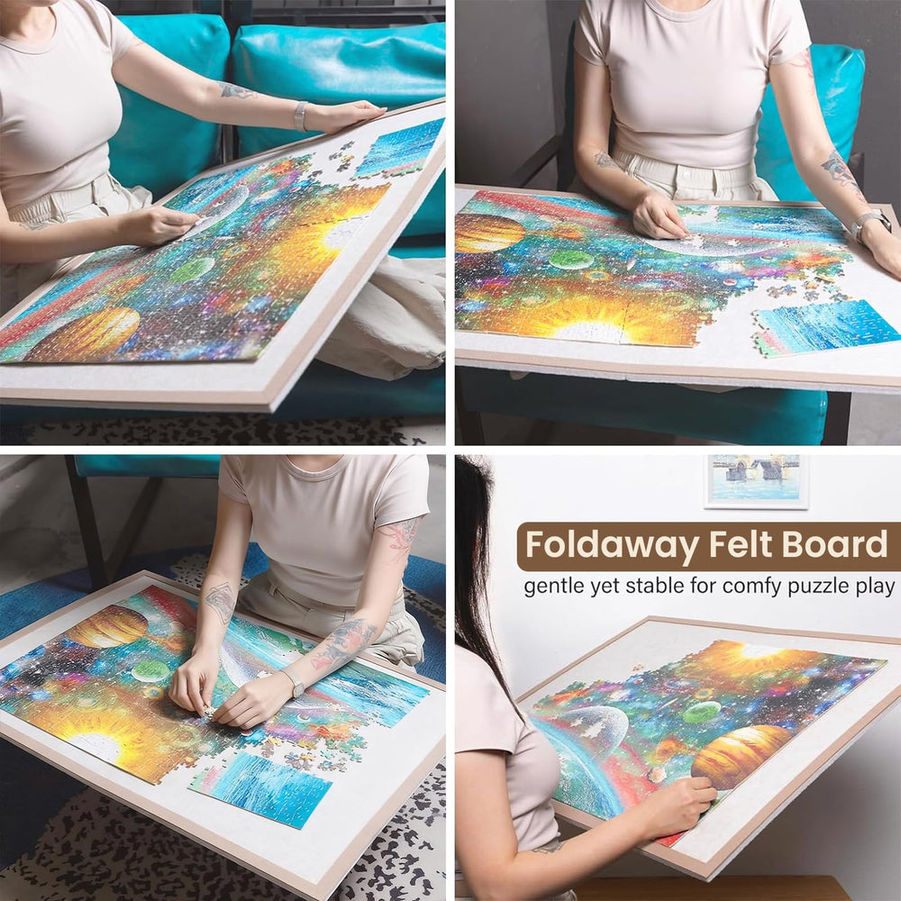 Piecevana board folds flat for easy storage under furniture.