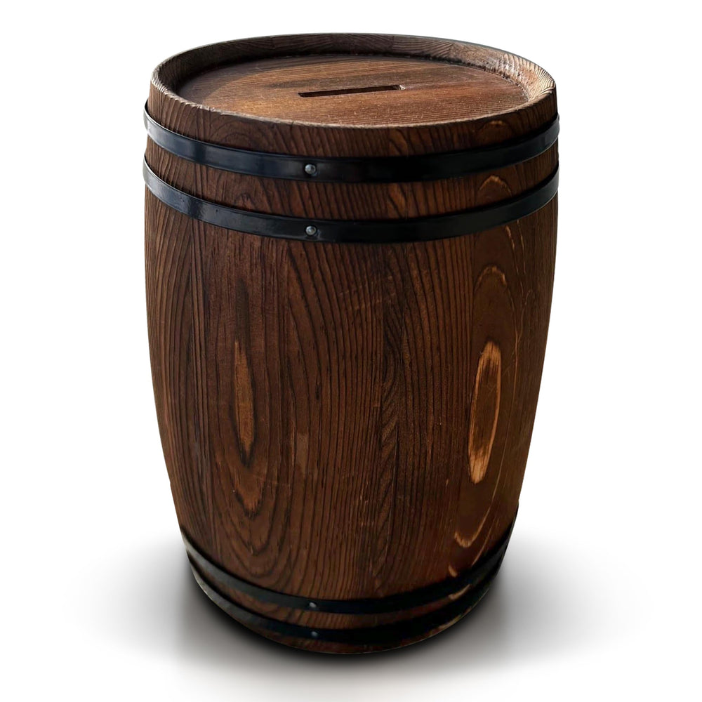Piggy Bank for Adults with wine-barrel silhouette adds rustic charm to savings.
