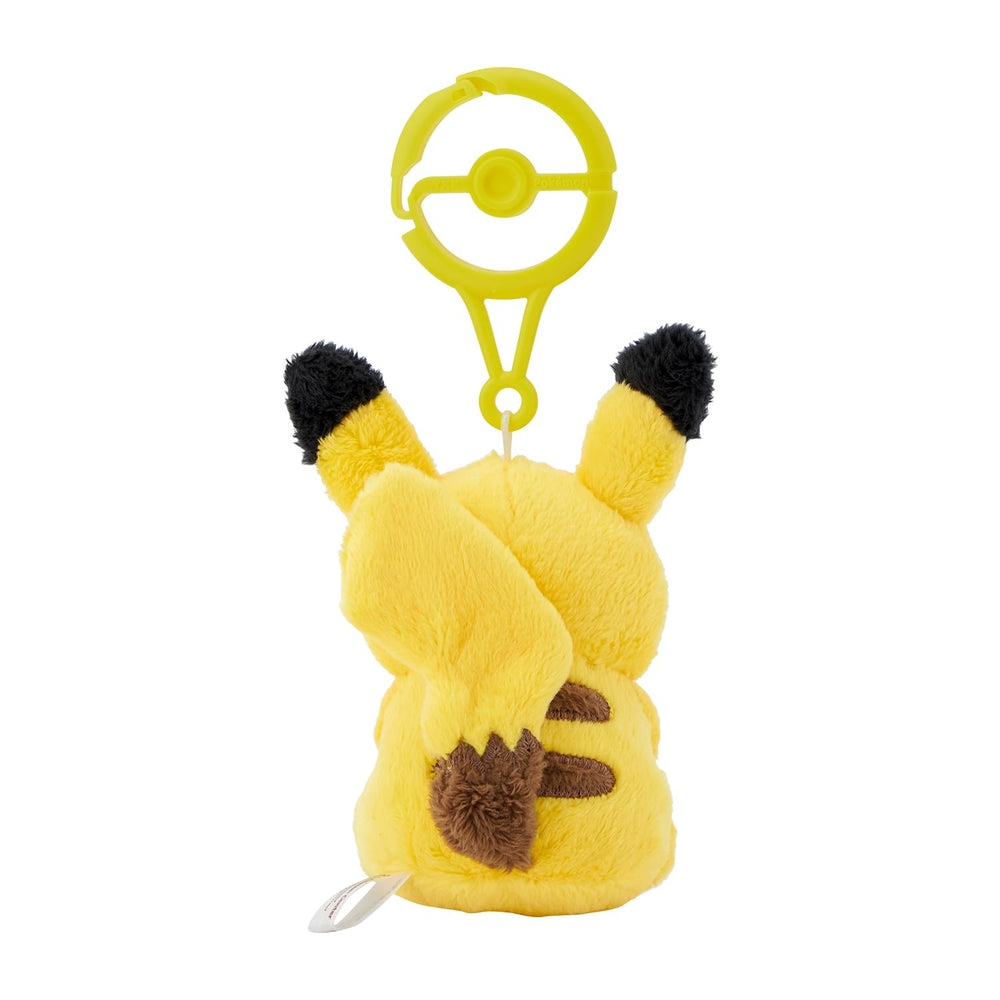 Pikachu plush with carabiner attached to a backpack for portable fun.