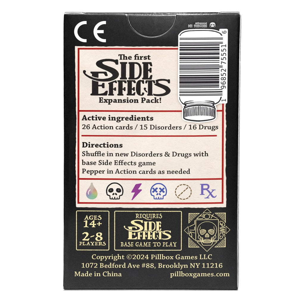 Pillbox Games Side Effects Booster Shot disorder cards introduce unpredictable challenges and interactions.