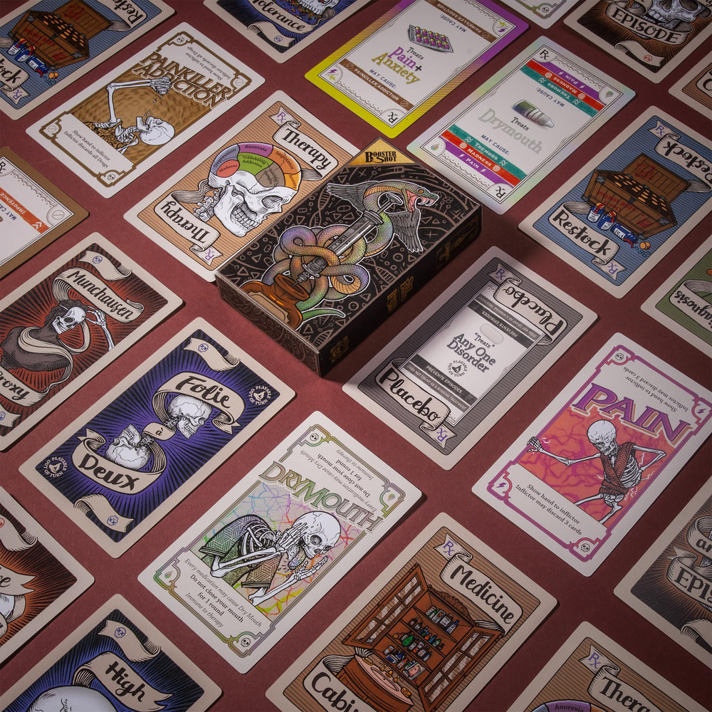 Pillbox Games Side Effects Booster Shot game board illustration showing expansion integration.
