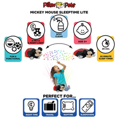Pillow Pets Mickey Mouse Sleeptime Lite 20-minute timer for automatic shutoff.