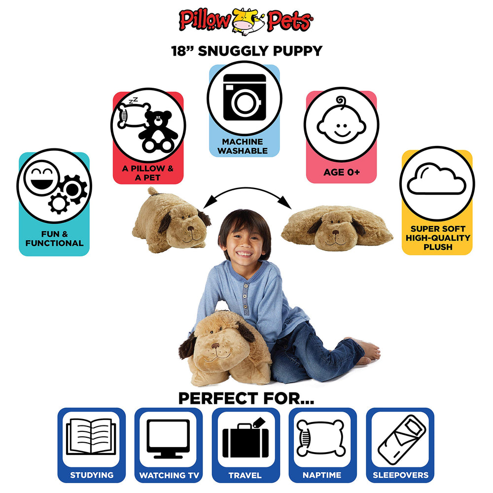 Pillow Pets Snuggly Puppy serves as a comforting travel companion for trips.
