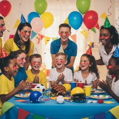 Group of kids using Pimoys red eye black stickers at a sports-themed event