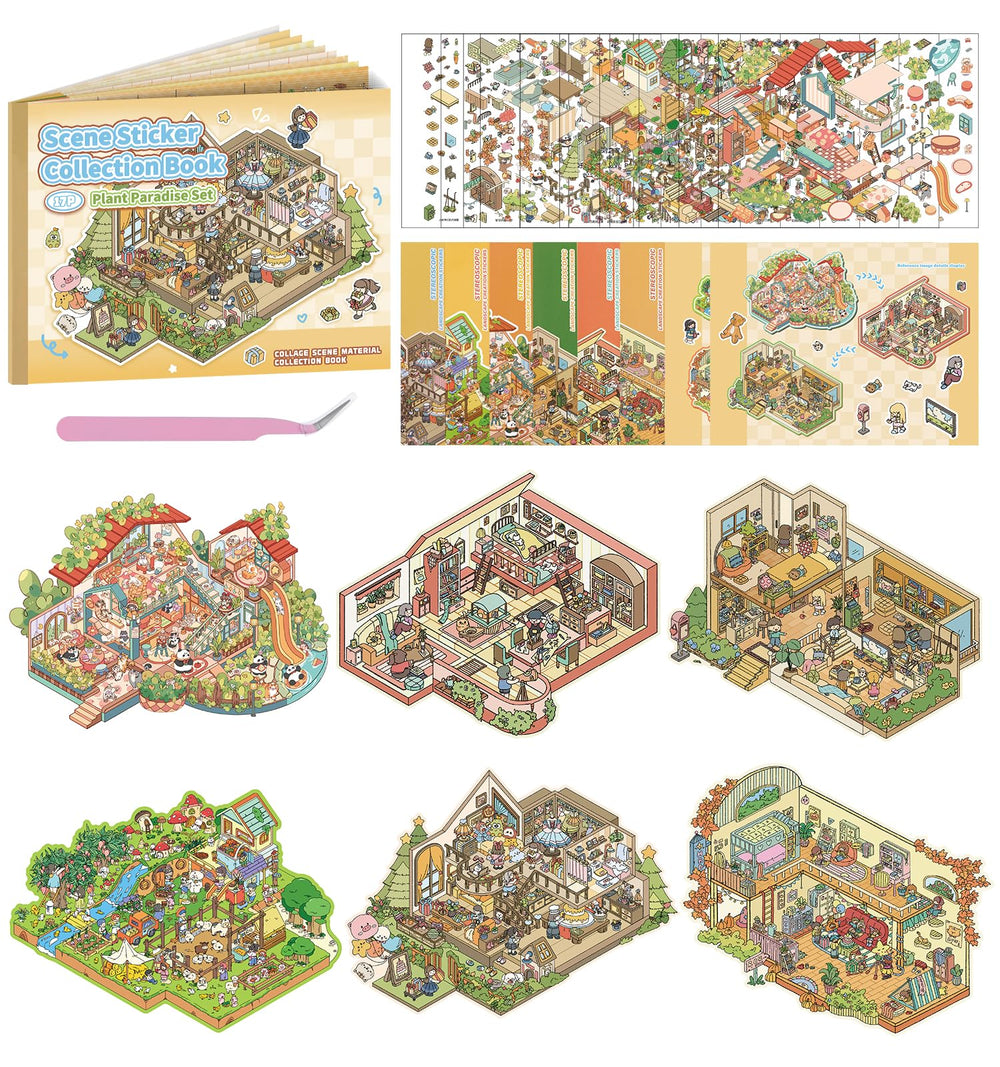 Pindda 3D house scene stickers for decorating notebooks and more.