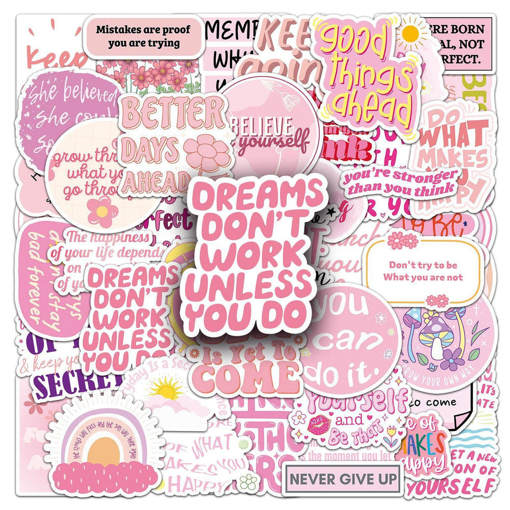 Pink motivational stickers on a water bottle for daily inspiration