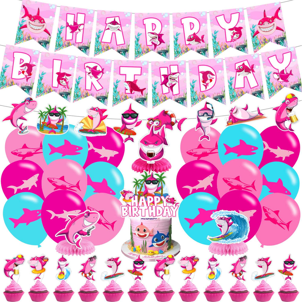 Pink Shark happy birthday banner brightens walls for festive party photos