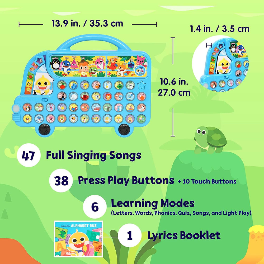 Pinkfong Baby Shark ABC Bus side angle highlighting learning buttons.