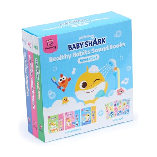Pinkfong Baby Shark boxed-set internal pages show interactive songs and sounds for early literacy.