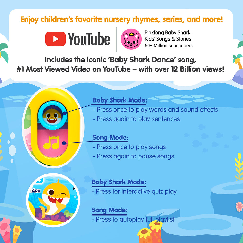 Pinkfong Baby Shark Sing & Learn Pad close-up shows tactile buttons for immersive play.