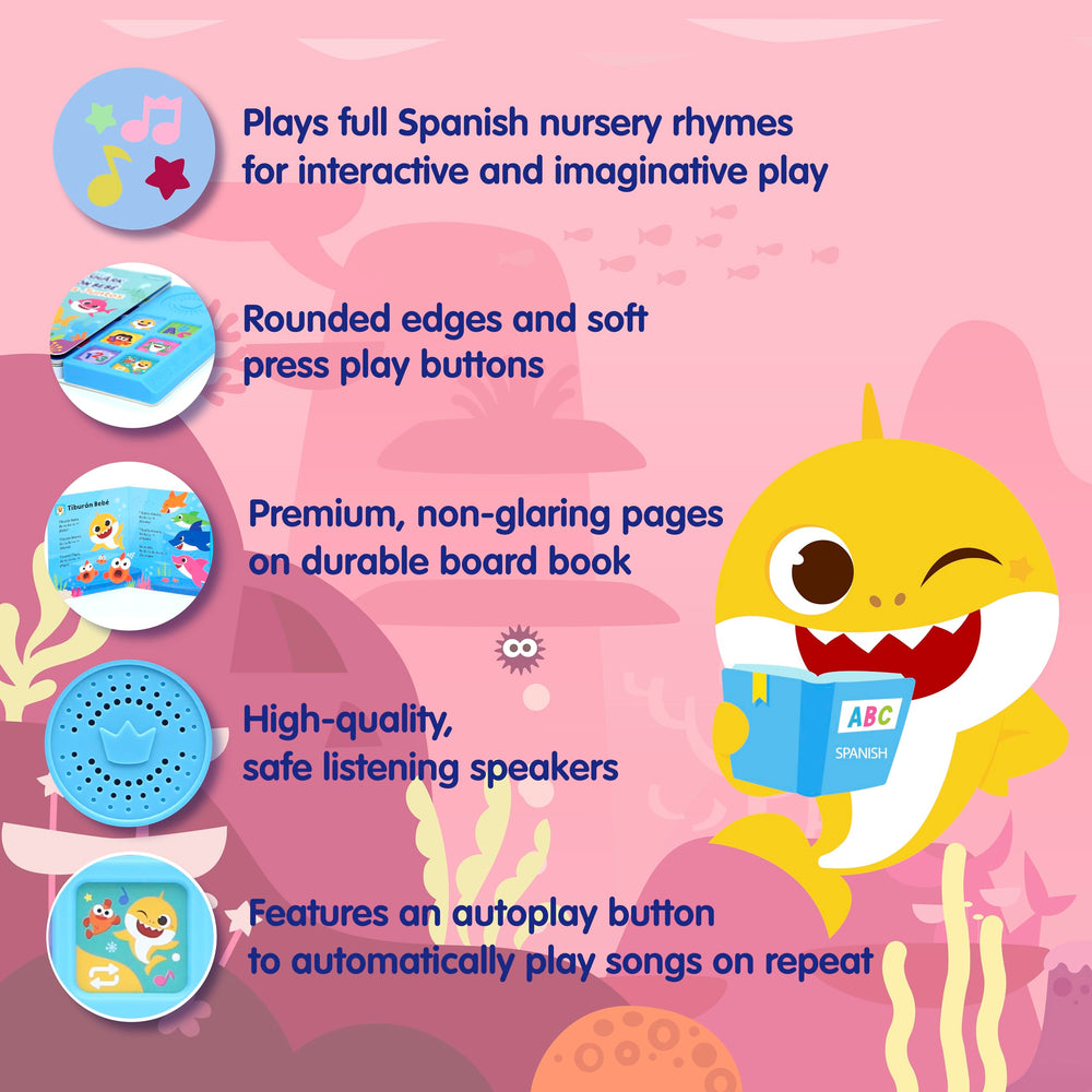Pinkfong Baby Shark pages showcase colorful illustrations supporting word recognition.