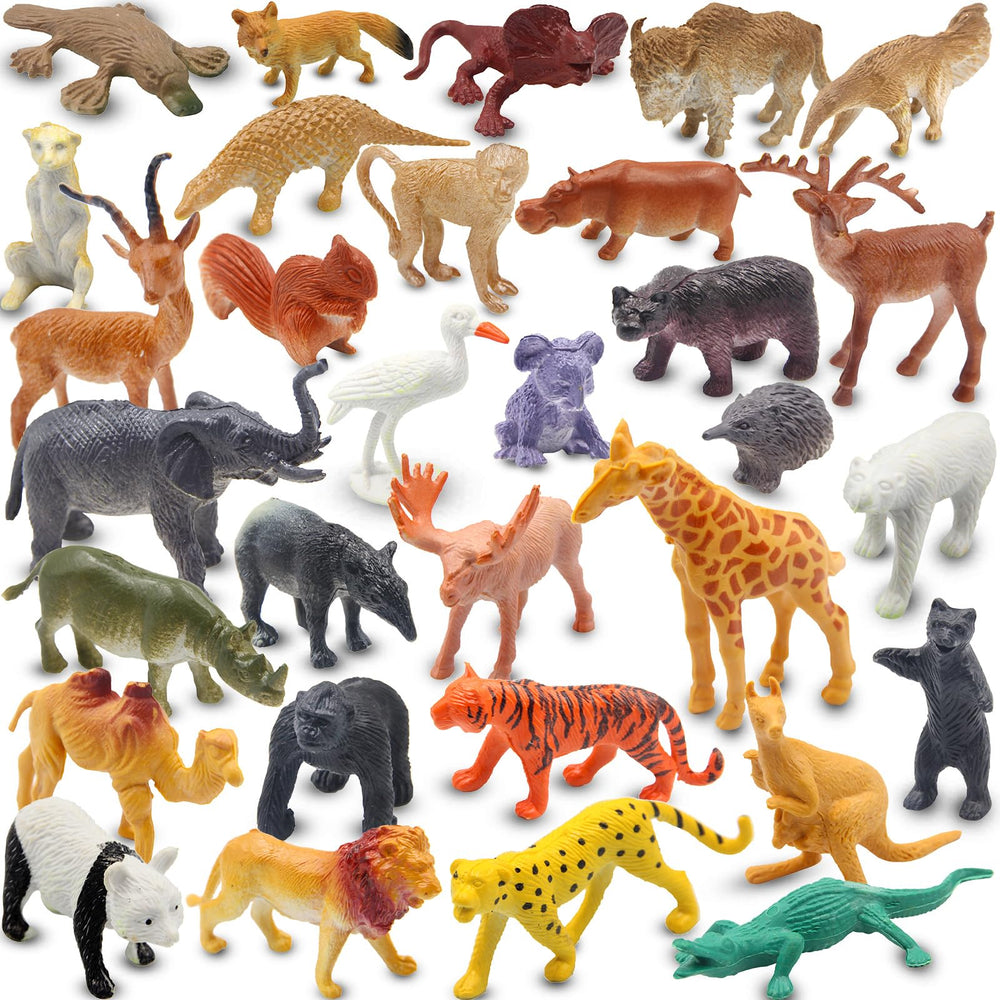 PINOWU realistic mini wild zoo 32-piece set for imaginative play and animal recognition.