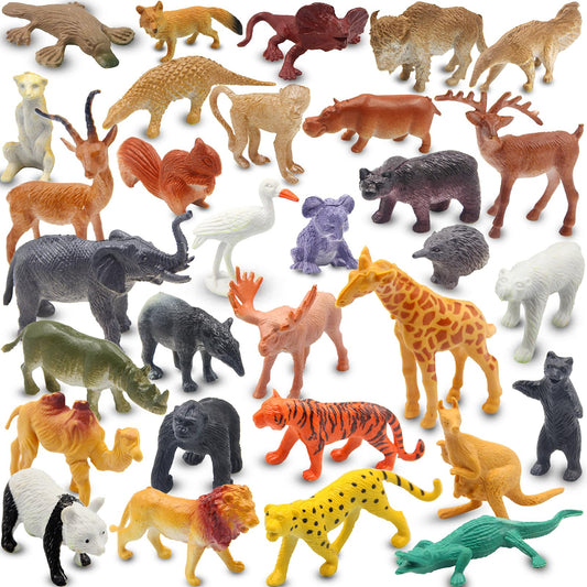 PINOWU realistic mini wild zoo 32-piece set for imaginative play and animal recognition.
