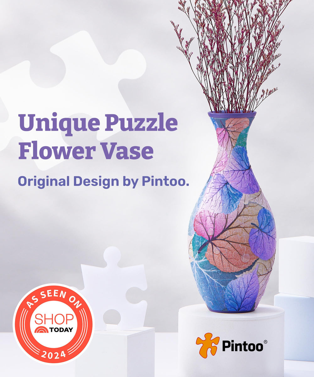 Pintoo 3D puzzle vase assembly pieces showcase a playful display.