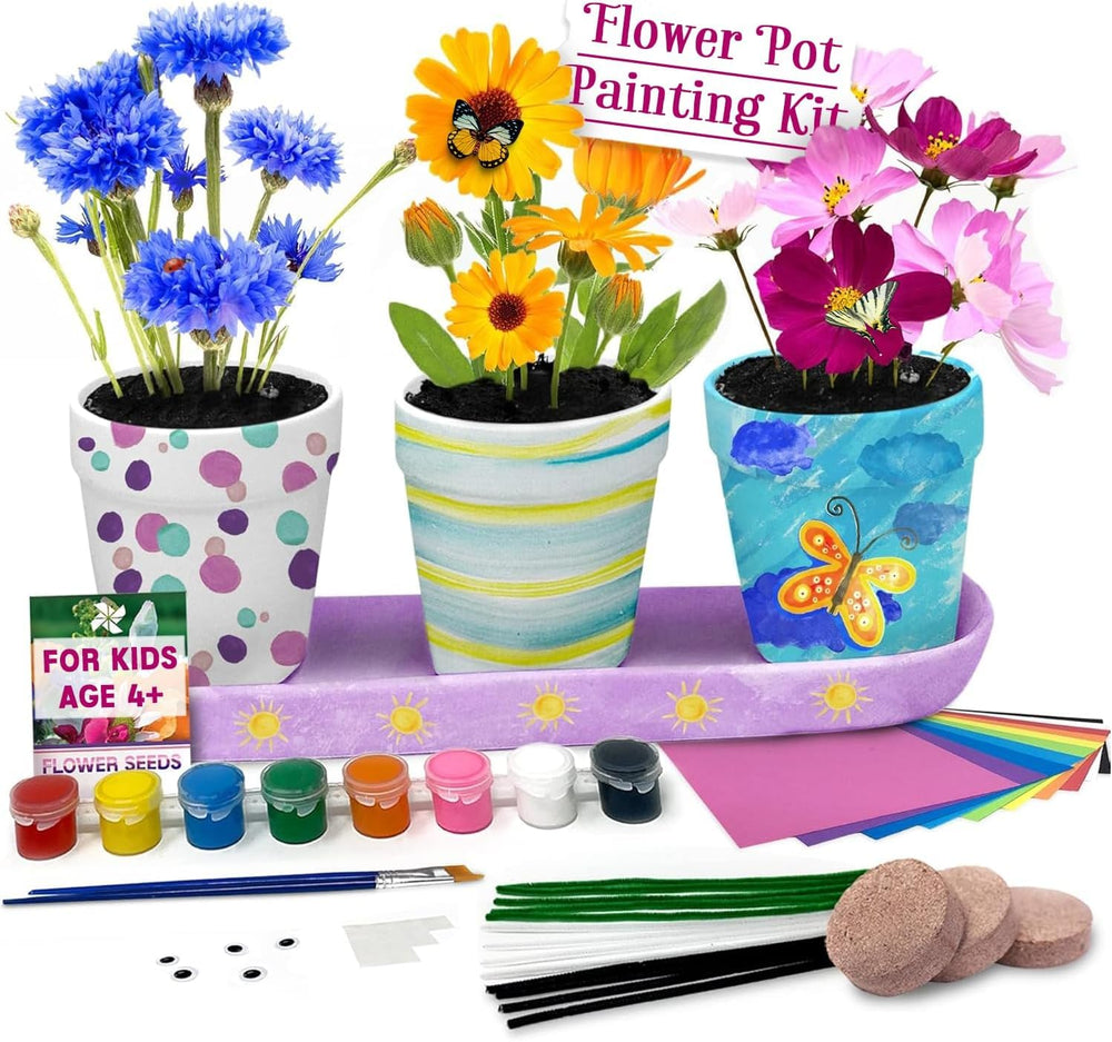 Pinwheel Crafts flower pot painting kit front view for kids' creative project.