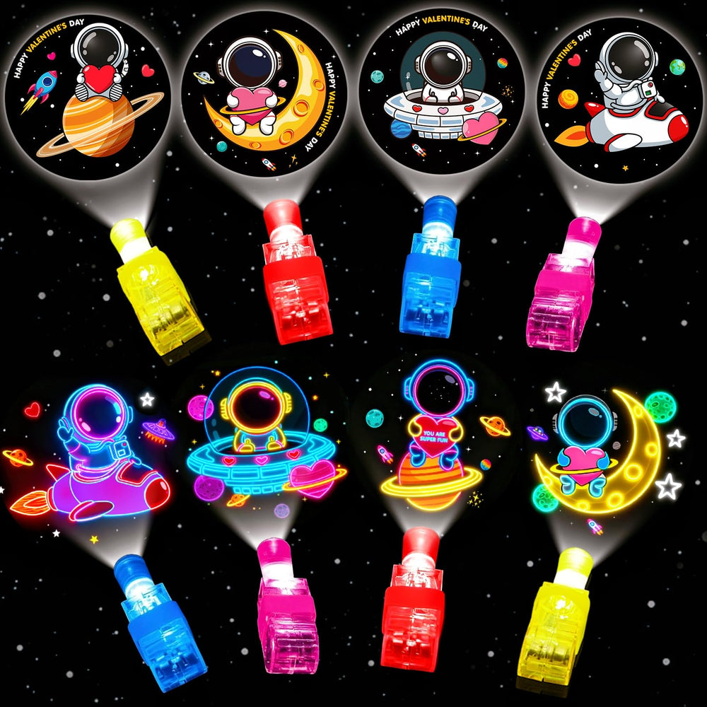 PIONJOY 28-pack space LED finger lights with valentines cards, ideal for classroom exchanges.