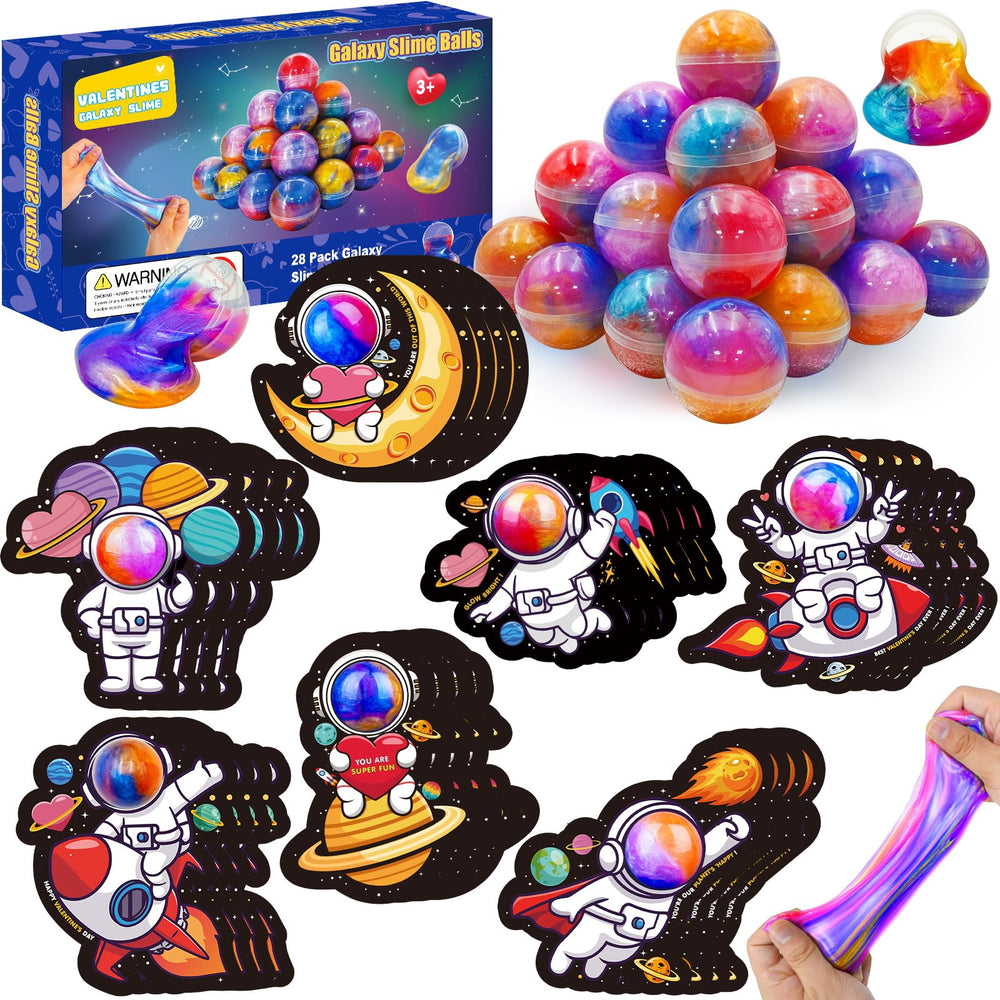 PIONJOY 28-pack Valentines Galaxy Slime kit with cards for kids.