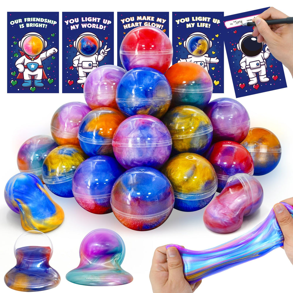 PIONJOY Valentines Galaxy Slime with astronaut-card design for classroom fun and sensory play.