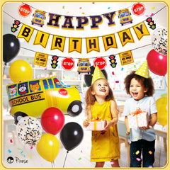 PIRESE kids party scene showing vibrant bus-themed decor in action