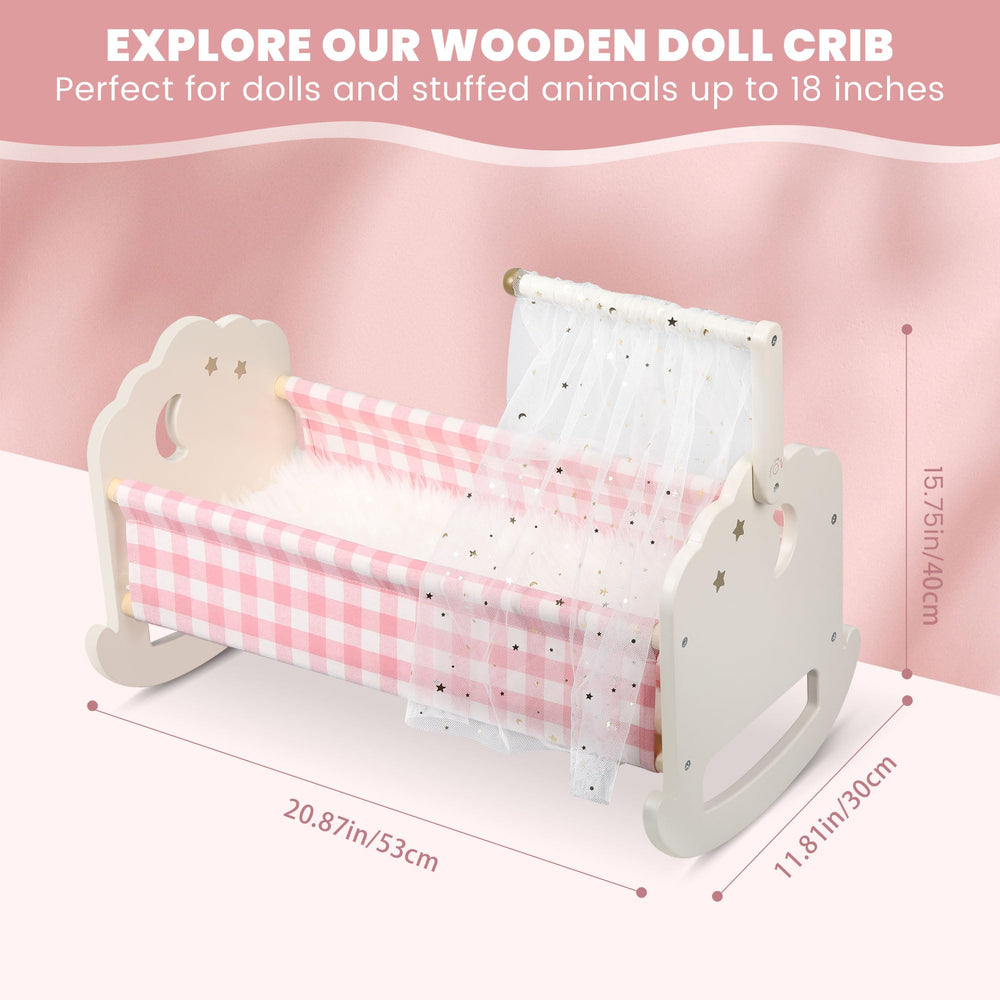 Pithfor doll crib canopy close-up, adding a soft, cozy touch for daytime pretend play.