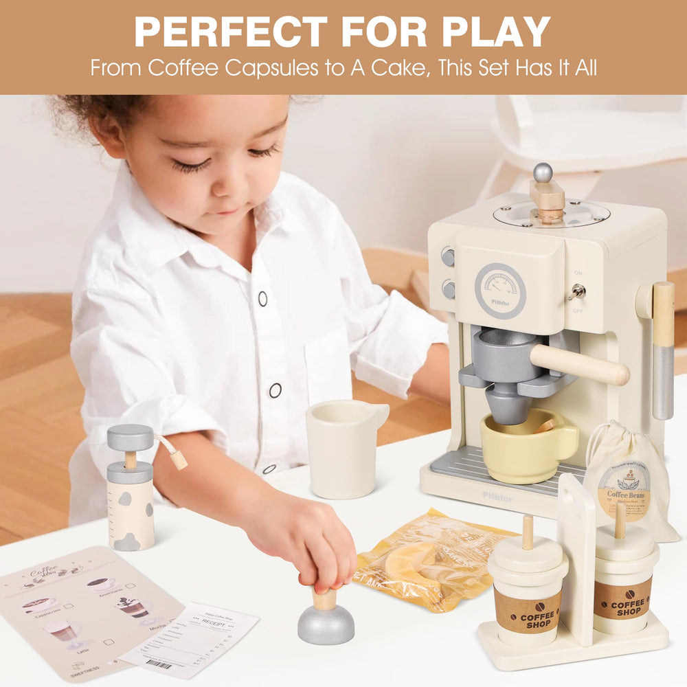 Pithfor wooden coffee maker toy on a sturdy play surface.