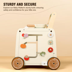 Anti-slip rubber wheels on the wooden walker support stable, confident movement