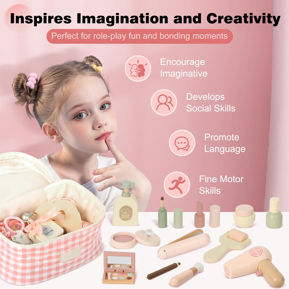 Pithfor wooden makeup toy set accessories case: complete tidy storage for pretend play