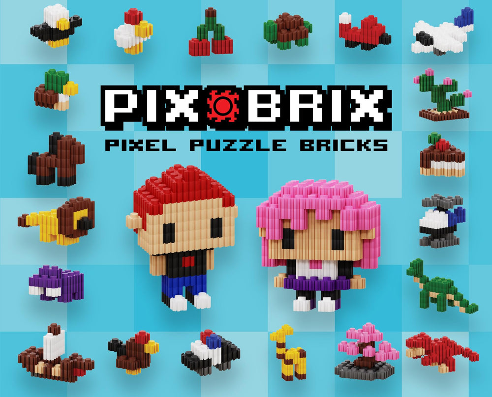 Examples of 2D and 3D Pix Brix builds created with the pieces.