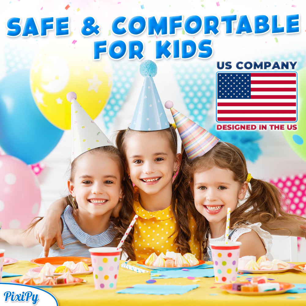 PixiPy flat-pack birthday hats easy to store before quick assembly.