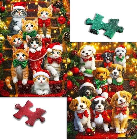 Pixlora Christmas puzzle 1000 pieces with cats and dogs, ideal family activity.